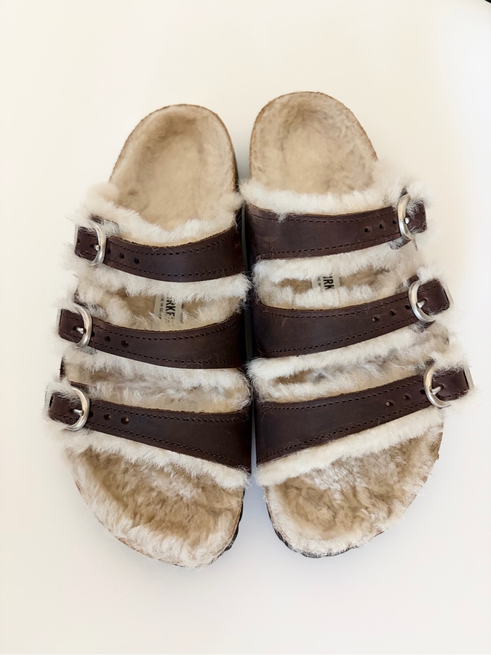 Birkenstock Florida Shearling Sandals Brown Genuine Leather 3 Buckles Size 36